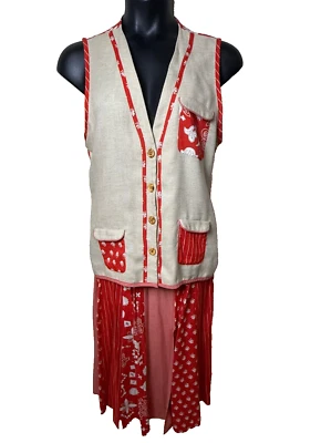 Jo Hardin Sz 10 Vtg 2 Pc Vest Skirt Set Orange Floral Linen Rayon Boho Patchwork - Image 1 of 4