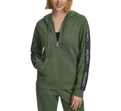 Calvin Klein Performance Women Fleece Logo Stripe Hoodie Green Plus Size 3X - Image 1 of 4