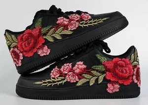 Nike Air Force 1 Custom Shoes Black Red Rose Floral Mens Kids Size 5.5y Womens 7 - Picture 1 of 12