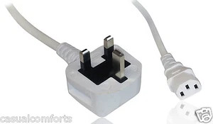 3M WHITE UK PLUG TO IEC C13 COLD MAINS POWER KETTLE LEAD, LCD PLASMA TV AC CABLE - Picture 1 of 3