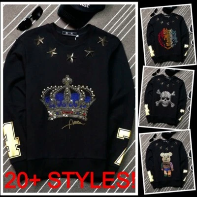 Fashion Luxury Golden Star Diamond Rhinestone Winter Hoodie Men Black Sweatshirt - Image 1 of 4