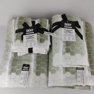 8 Set DKNY Hexagon Stripe Towels 2 Bath & 2 Hand & 4 Washcloths Sage Green White - Picture 1 of 19