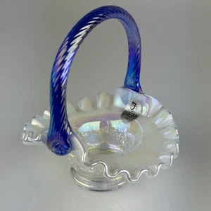 Fenton Glass French Opalescent Iridesent Mini Basket Cobalt Blue Twist Handle - Picture 1 of 16
