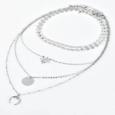 Mehrreihige Kette Modeschmuck Lang mit Anhänger Silber Silberkette Frauen   - Bild 1 von 4