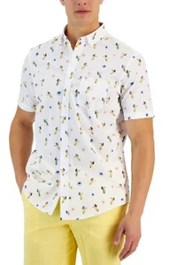 Club Room Men's Stretch Short Sleeve Tropical Dancers Print Bright White Shirt S - Picture 1 of 4