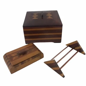 Vintage Inlayed Marquetry Folk Tramp Art Wooden Desk Set Box Caddy Holder Named - Picture 1 of 9