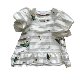 Zayan the Label blusa top camicia donna XS piccola bianca righe floreali girocollo - Foto 1 di 11