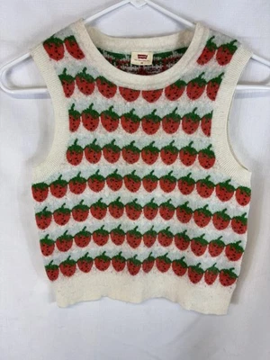 Levi's Sweetie клубника вязаный свитер жилет красный зеленый белый напечатано Crewneck XS - Изображение 1 из 4