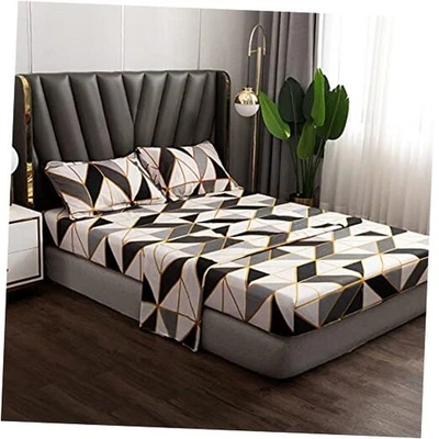  Plaid Bed Sheet Set Size Black White Grey Gold Abstract Fitted Twin Geometric - Image 1 of 4