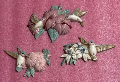 Винтажный набор из 3 деревянных настенных табличек колибри цветы #3303 смола пластик - Изображение 1 из 4