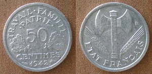 France 50 Centimes 1942 Francisque Petain Vichy Coin Cent Cents Free Ship World - Picture 1 of 3