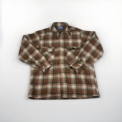 VINTAGE Pendleton Wool Board Shirt Men Large Brown Orange Plaid Flannel USA - Image 1 of 4