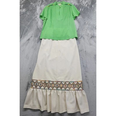 Conjunto Maxi Falda Top Bordado Vintage California West Talla M Verde Crema Foto 1 de 4