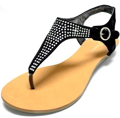 Nuevo Mujer Zapatos Sandalias T Correa Hebilla Cierre Casual Fiesta Puntera Abierta Negro Foto 1 de 4