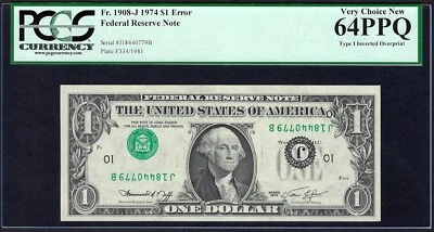 🇺🇸 ERROR 1974 $1  ♚♚INVERTED OVERPRINT♚♚ PCGS VERY CH NEW 64 PPQ - Image 1 of 2