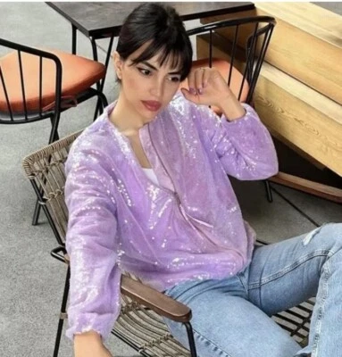 Zara Lilac Sequin Bomber Jacket Size S - Image 1 of 4