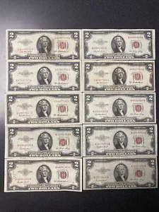 Lot Of 10- 1953 - Red Seal $2.00 Dollar United States Note ( Group#11 ) - Picture 1 of 10