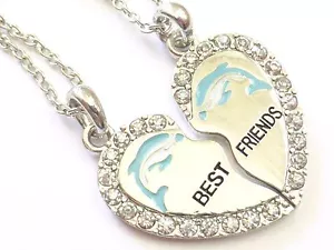 NEW BEST FRIEND Dolphin Heart Silver Tone 2 Pendants 2 Necklace BFF Friendship - Picture 1 of 2