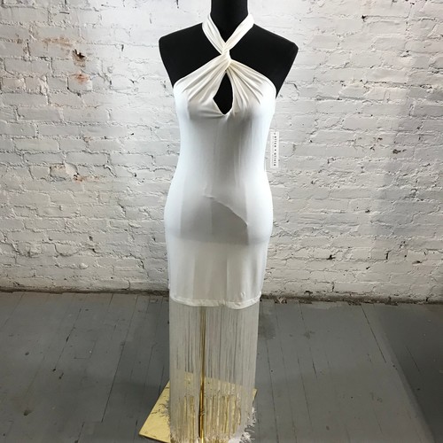 OFF WHITE Abito donna ALICE + OLIVIA 4 passi girocollo scollo frange bianco sporco Halter a34