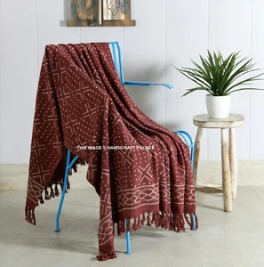 Brown Hand Block Printed Throw Blanket Bohemian Mud Cloth Indian Sofa Bed Throw - Picture 1 of 3