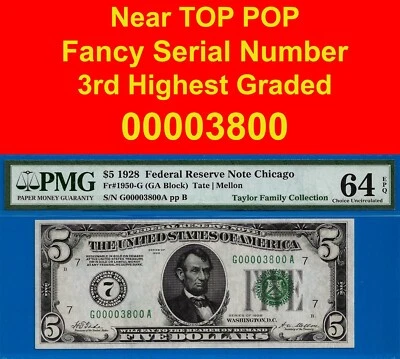 1928 $5 Federal Reserve Note PMG 64EPQ 3rd highest graded low serial number 3800 - Image 1 of 4