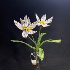 Vintage French Beaded Glass Flowers Small Bouquet White Green 8" Floral Art