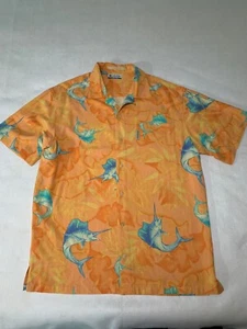 Columbia Mens River Lodge Orange Short Sleeve Shirt with Blue Sailfish Pattern - Picture 1 of 5