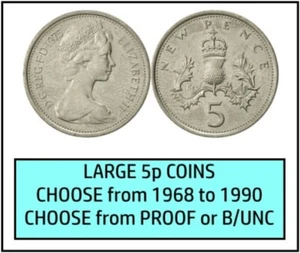 5p Five Pence Coins Proof & Bunc choose year & grade LARGE 1968-1990 23.59mm OLD - Picture 1 of 6