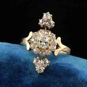 Antique 14K Yellow Gold Plated Round Lab Created Diamond Cluster Cocktail Ring - Picture 1 of 6