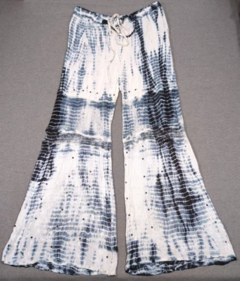 Anthropologie RAGA Black Gray WhiteTie Dye Wide Leg Flare Embroidery Lace Sequin - Image 1 of 4