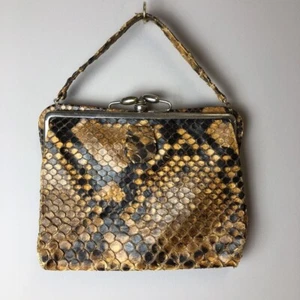 Vintage Snakeskin Handbag Purse Brown Huge Rare Python Reptile KissLock Purse - Picture 1 of 10