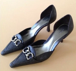 FIONI Sz 7 Black Pointed Toe Women's Pumps Heels Embellished Open Sides EUC! - Picture 1 of 5