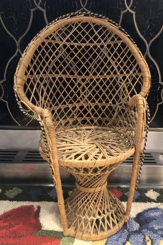 Mini Vtg Peacock Wicker Fan Back Rattan Doll Plant Stand Boho Chic Chair 15.5” Cover