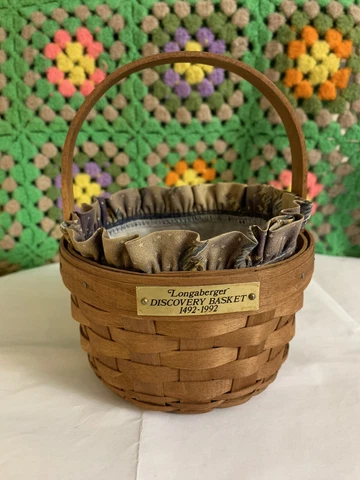 1992 Vintage Longaberger Discovery Basket Round Navy Sailboat Liner#20 Cover