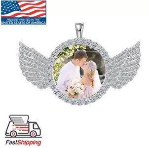 Personalized Photo Necklace Rhinestone Angel Wing Pendant with Glass Protection - Picture 1 of 4