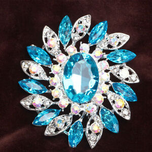 Women Silver Flower Brooch Blue Diamante Rhinestone Crystal Pin Broach Gift Chic