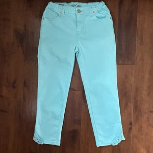 Cherokee Girl's Super Skinny Jeans Size 14 Aqua Crochet Lace Hem Adj. Waist EUC - Picture 1 of 13