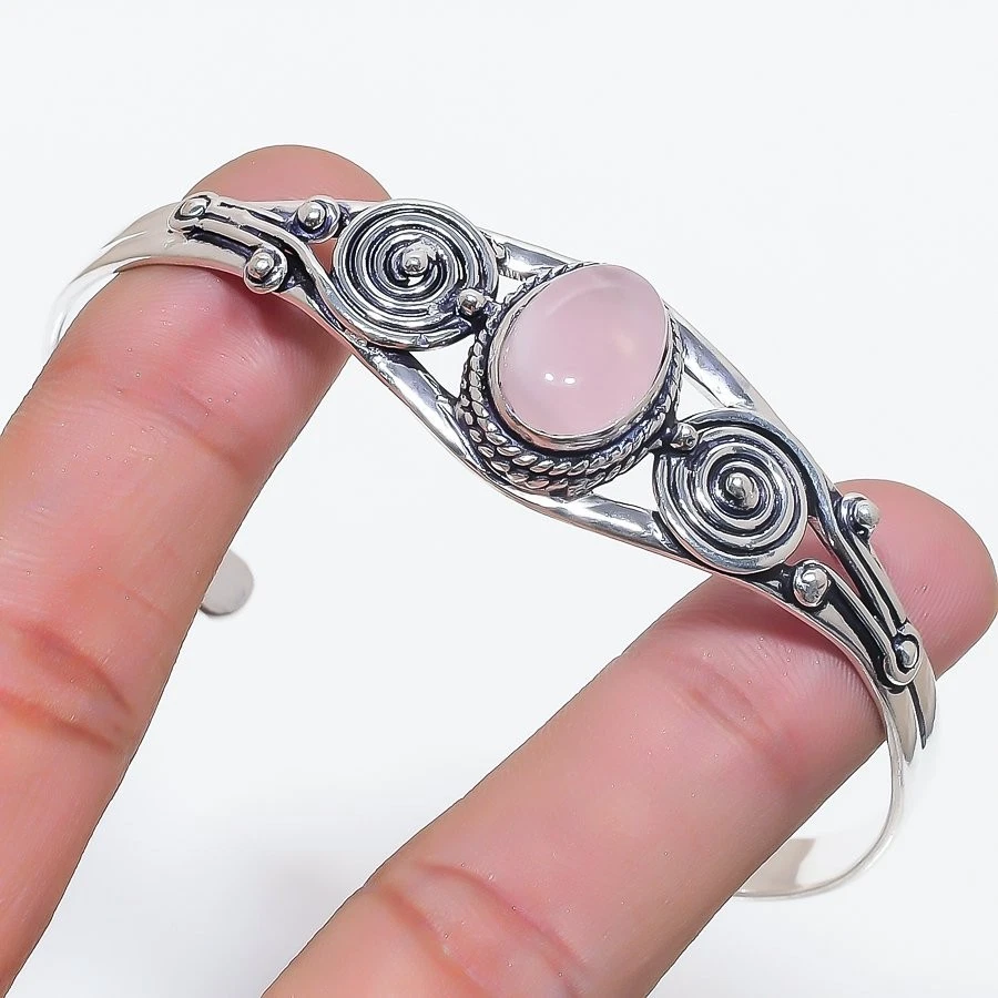 Brazalete ajustable de plata de ley 925 con piedras preciosas de cuarzo rosa natural Foto 1 de 1