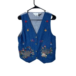 Vintage CASEY MAX Jeansweste Gr. Small blau Blumen bestickt Gartenszene - Bild 1 von 6