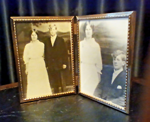 VINTAGE SILVER METAL DOUBLE PHOTO HINGED FRAME 5X7 WITH VINTAGE PHOTOS MCM 