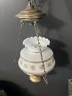 Vintage Mid Century Laterne Hurrikan Swag Lampe Milch Glas Schirm bemalt Blume