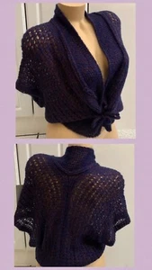 Vintage Sweater Shrug Wrap Cropped Ties Top Purple Short Sleeve Womens 1980s NEW - Picture 1 of 5