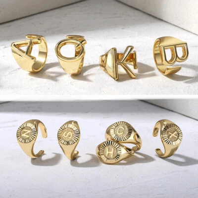 Anillo abierto enchapado en oro amarillo de 14 quilates con letra Initia a la Z para hombre y mujer tamaño ajustable  Foto 1 de 4