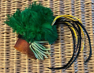 Vintage Decorative Hair Comb With Green Black & Yellow Feathers - Image 1 of 4