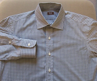 $250 CAMISA HAMILTON NEGRA Y GRIS A CUADROS ALGODÓN HECHA A MEDIDA 15 1/2 X 33 1/2 Foto 1 de 4