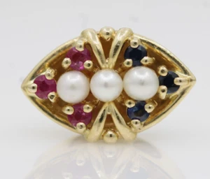 14K Yellow Gold Pearl, Ruby & Blue Sapphire Bracelet Slide Charm 2 Grams - Picture 1 of 8