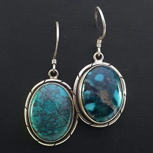 Old 925 Sterling Silver Turquoise Stone Nepal Tibetan Antique Earrings Vintage - Picture 1 of 3