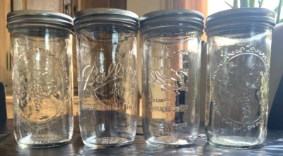 Tarros de albañil de boca ancha de 1,5 pinta de bola de 24 oz RARO DESCONTINUADO - Juego de anillos de 4 tapas Foto 1 de 4