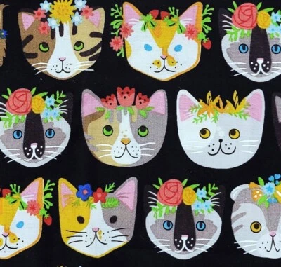 Whiskers & Tails Cats Kittens Flowers Floral Cotton Fabric Robert Kaufman BTY - Image 1 of 4