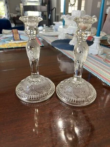 Vintage Indiana Glass Tiara Sandwich Vetro Trasparente Candelieri Alti 8" Set di 2 - Foto 1 di 8